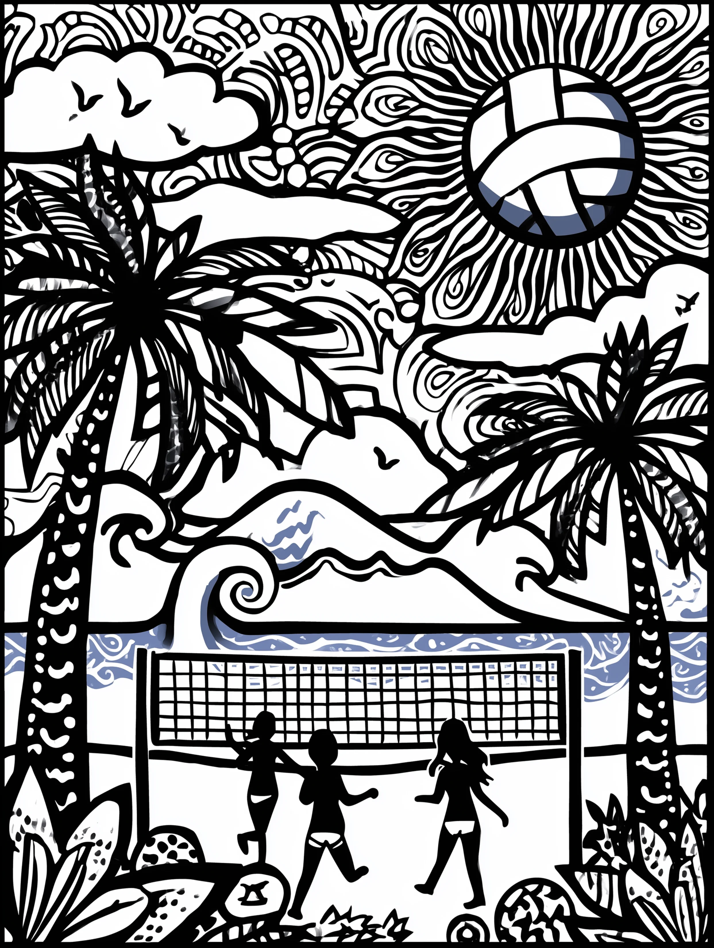 Free printable volleyball coloring page for adults featuring three people playing beach volleyball